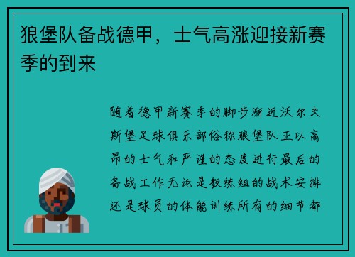 狼堡队备战德甲，士气高涨迎接新赛季的到来